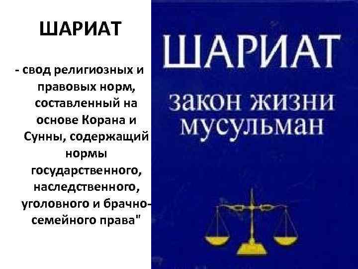 ШАРИАТ - свод религиозных и правовых норм, составленный на основе Корана и Сунны, содержащий