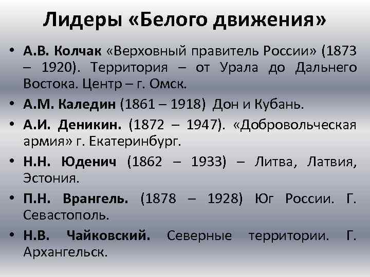 Лидеры «Белого движения» • А. В. Колчак «Верховный правитель России» (1873 – 1920). Территория