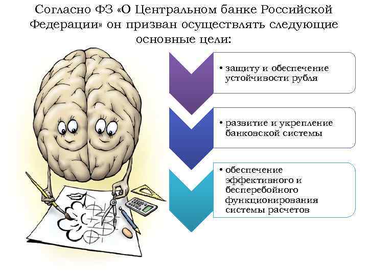 Согласно ФЗ «О Центральном банке Российской Федерации» он призван осуществлять следующие основные цели: •