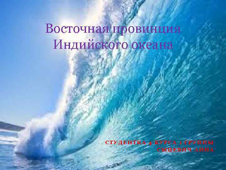 Восточная провинция Индийского океана СТУДЕНТКА 4 КУРСА 1 ГРУППЫ СЫЦЕВИЧ АННА 