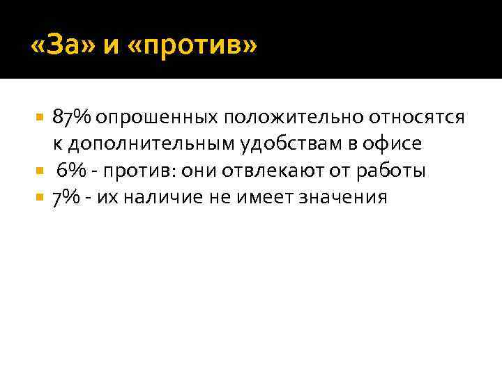  «За» и «против» 87% опрошенных положительно относятся к дополнительным удобствам в офисе 6%