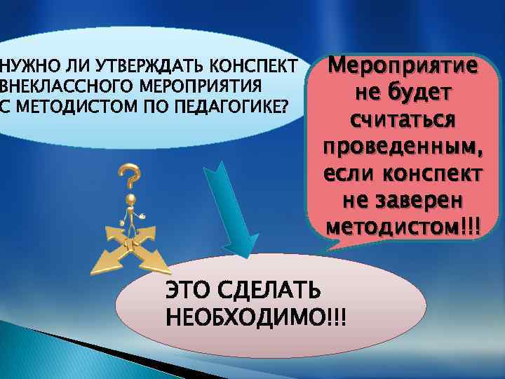 НУЖНО ЛИ УТВЕРЖДАТЬ КОНСПЕКТ ВНЕКЛАССНОГО МЕРОПРИЯТИЯ С МЕТОДИСТОМ ПО ПЕДАГОГИКЕ? Мероприятие не будет считаться