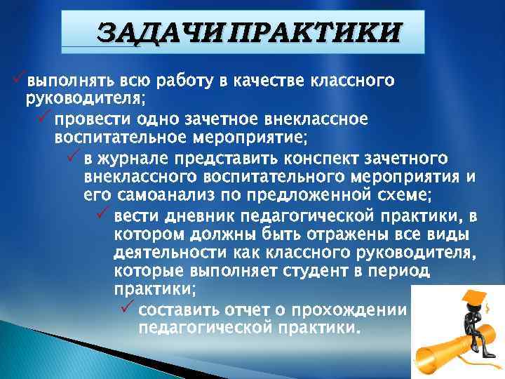 ЗАДАЧИ ПРАКТИКИ выполнять всю работу в качестве классного руководителя; провести одно зачетное внеклассное воспитательное