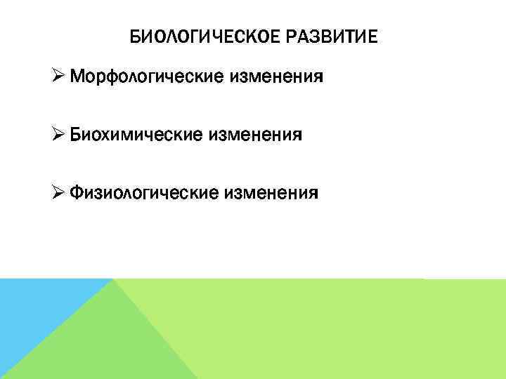 БИОЛОГИЧЕСКОЕ РАЗВИТИЕ Ø Морфологические изменения Ø Биохимические изменения Ø Физиологические изменения 