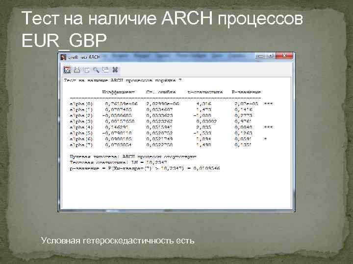 Тест на наличие ARCH процессов EUR_GBP Условная гетероскедастичность есть 
