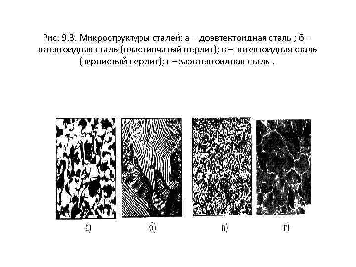 Рис. 9. 3. Микроструктуры сталей: а – доэвтектоидная сталь ; б – эвтектоидная сталь