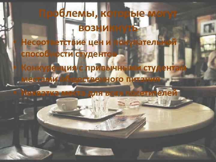 Проблемы, которые могут возникнуть • Несоответствие цен и покупательной способности студентов • Конкуренция с