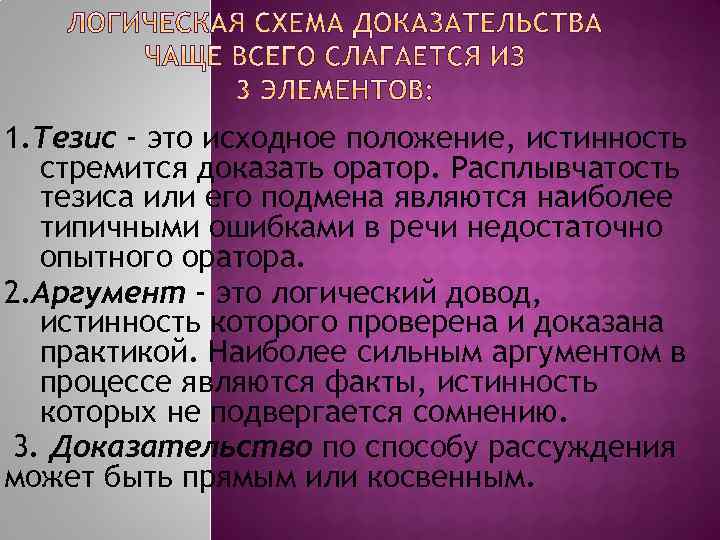 1. Тезис - это исходное положение, истинность стремится доказать оратор. Расплывчатость тезиса или его