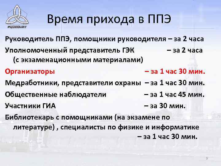 Время прихода в ППЭ Руководитель ППЭ, помощники руководителя – за 2 часа Уполномоченный представитель
