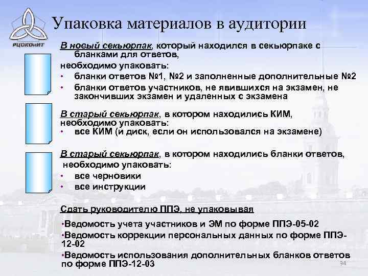 Упаковка материалов в аудитории В новый секьюрпак, который находился в секьюрпаке с бланками для