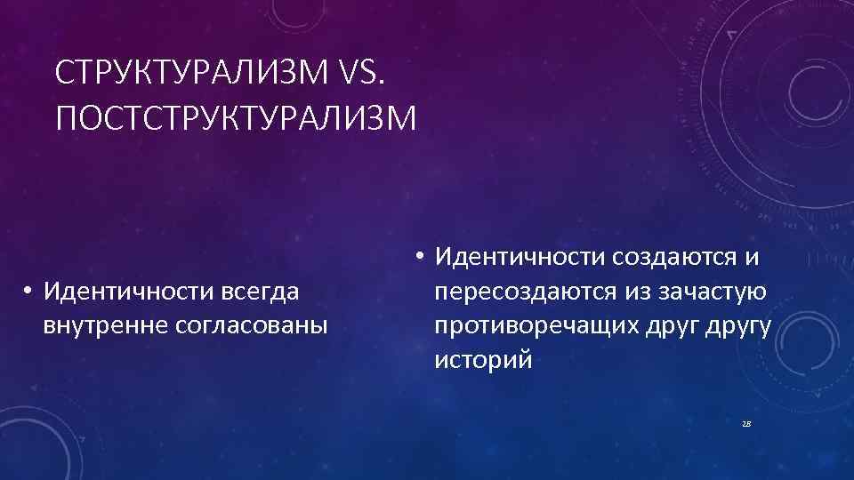 СТРУКТУРАЛИЗМ VS. ПОСТСТРУКТУРАЛИЗМ • Идентичности всегда внутренне согласованы • Идентичности создаются и пересоздаются из