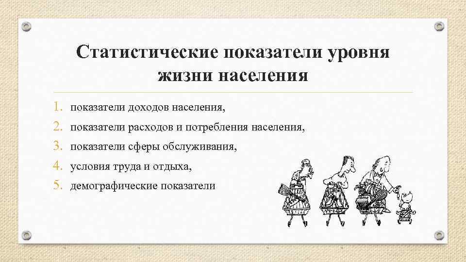 Статистические показатели уровня жизни населения 1. 2. 3. 4. 5. показатели доходов населения, показатели