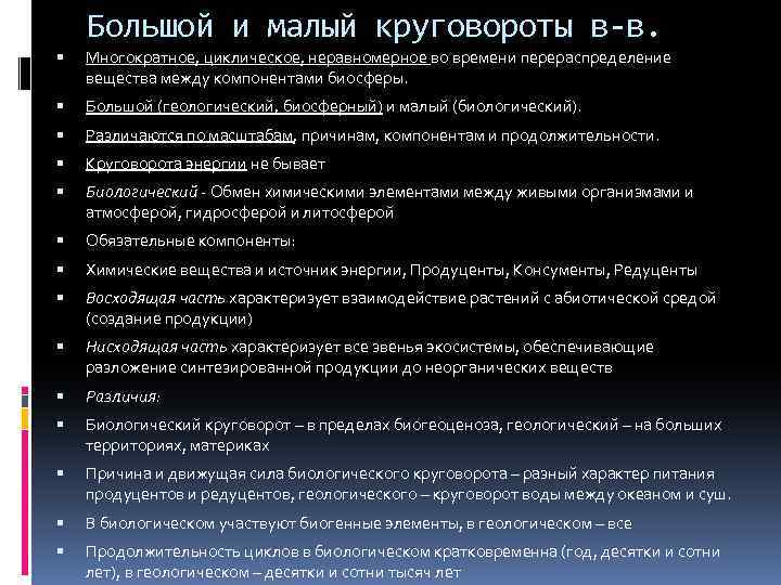 Большой и малый круговороты в-в. Многократное, циклическое, неравномерное во времени перераспределение вещества между компонентами