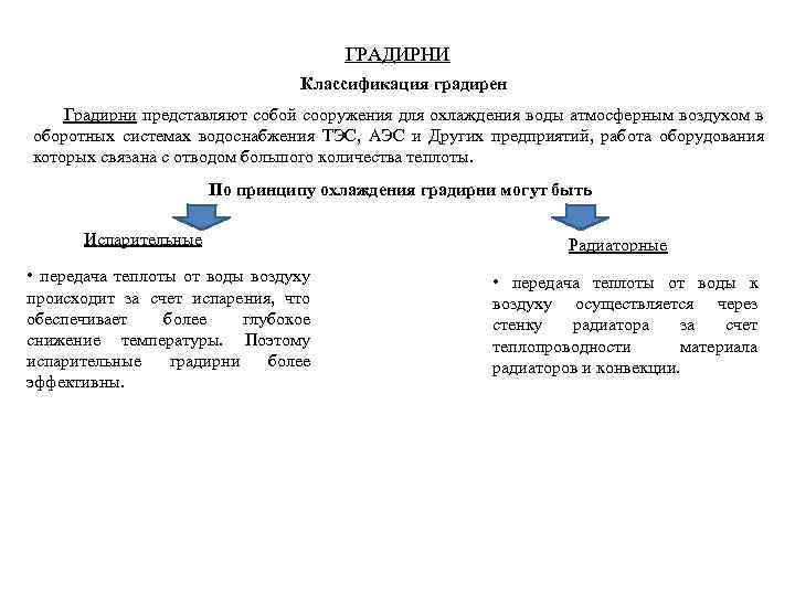 ГРАДИРНИ Классификация градирен Градирни представляют собой сооружения для охлаждения воды атмосферным воздухом в оборотных