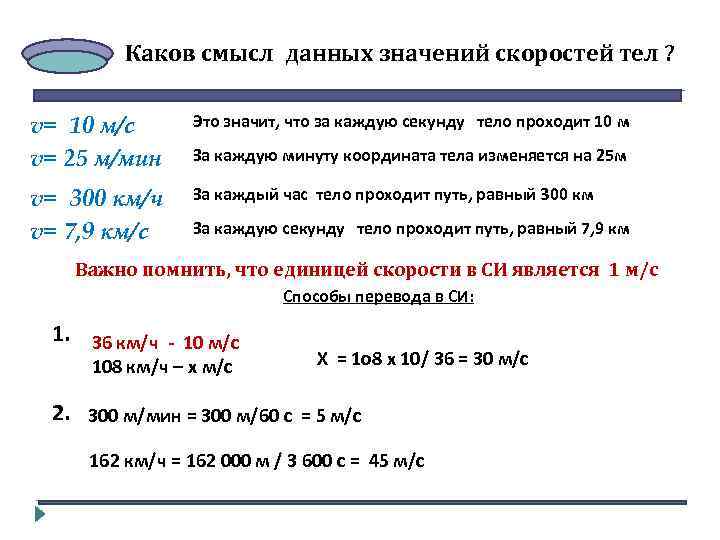 Каков смысл данных значений скоростей тел ? v= 10 м/с v= 25 м/мин Это