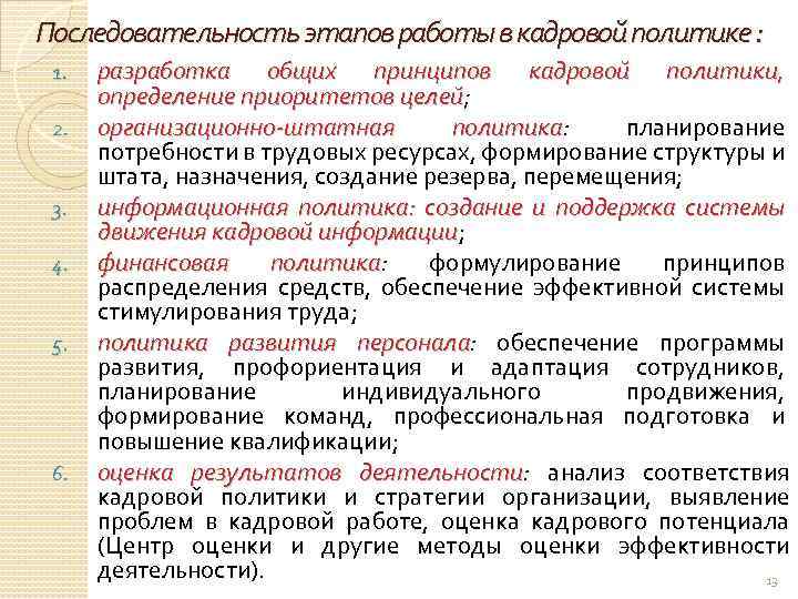 Последовательность этапов работы в кадровой политике : 1. 2. 3. 4. 5. 6. разработка