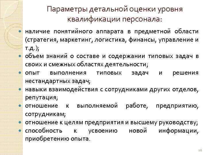 Параметры детальной оценки уровня квалификации персонала: наличие понятийного аппарата в предметной области (стратегия, маркетинг,