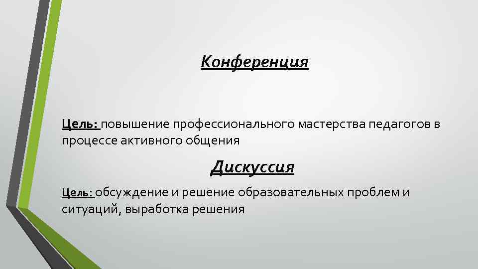 Конференция Цель: повышение профессионального мастерства педагогов в процессе активного общения Дискуссия Цель: обсуждение и