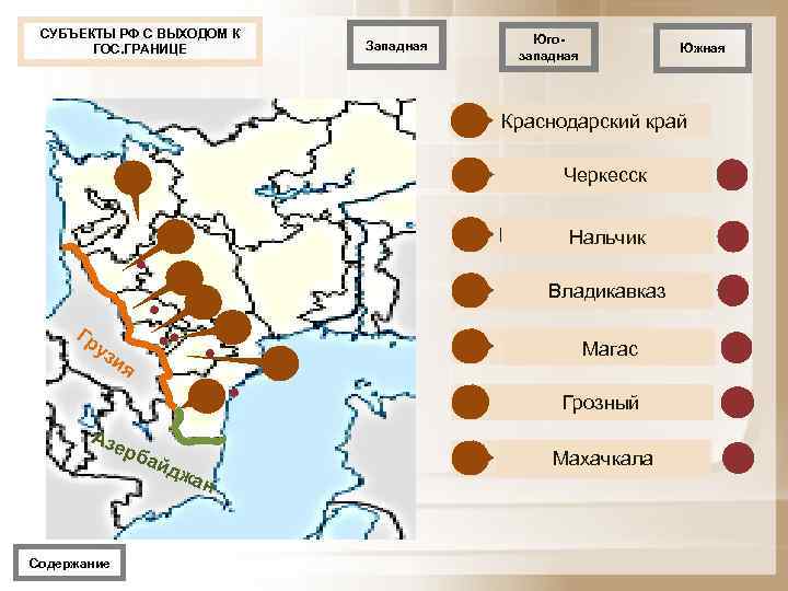 СУБЪЕКТЫ РФ С ВЫХОДОМ К ГОС. ГРАНИЦЕ Югозападная Западная Южная 1 2 3 4