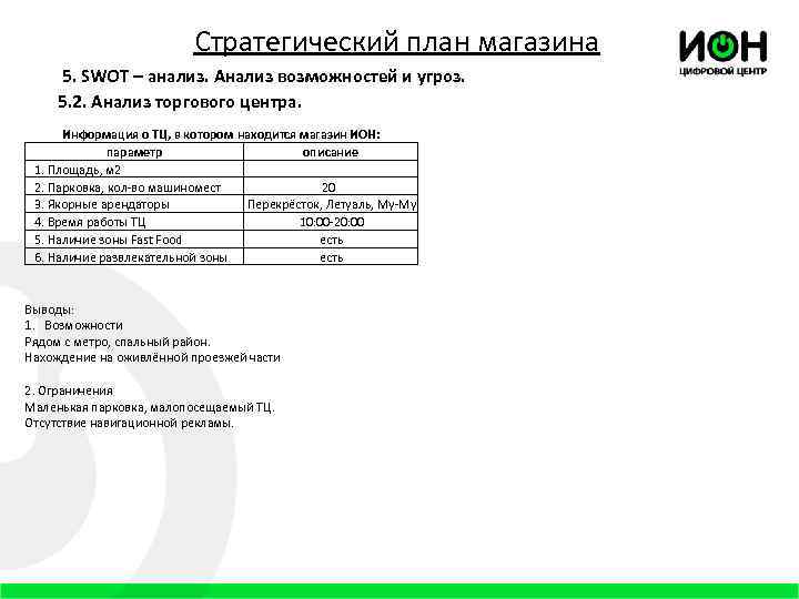 Стратегический план магазина 5. SWOT – анализ. Анализ возможностей и угроз. 5. 2. Анализ