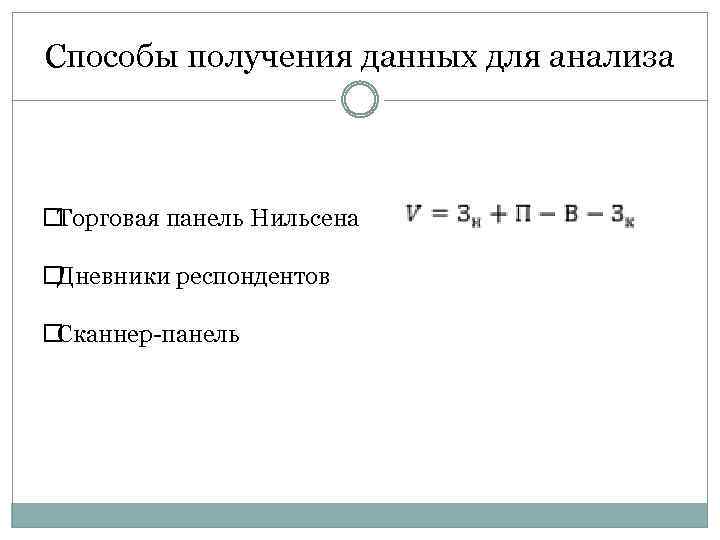 Способы получения данных для анализа Торговая панель Нильсена Дневники респондентов Сканнер-панель 