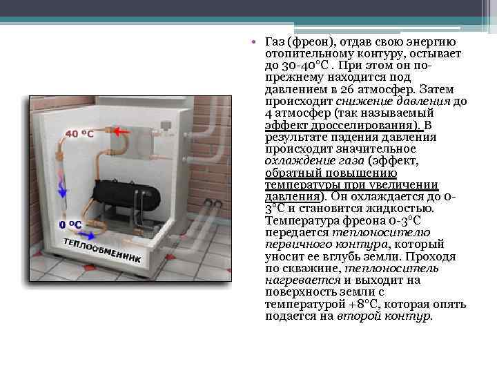  • Газ (фреон), отдав свою энергию отопительному контуру, остывает до 30 -40°С. При