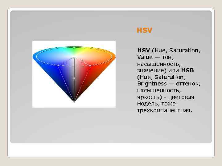 HSV (Hue, Saturation, Value — тон, насыщенность, значение) или HSB (Hue, Saturation, Brightness —