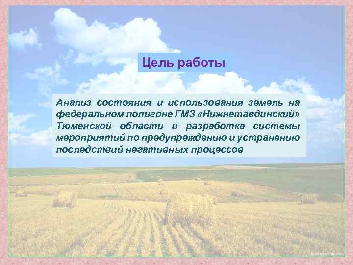 Цель работы Анализ состояния и использования земель на федеральном полигоне ГМЗ «Нижнетавдинский» Тюменской области