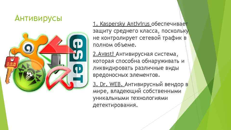 Антивирусы 1. Kaspersky Antivirus обеспечивает защиту среднего класса, поскольку не контролирует сетевой трафик в