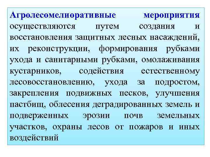 Агролесомелиоративные мероприятия осуществляются путем создания и восстановления защитных лесных насаждений, их реконструкции, формирования рубками