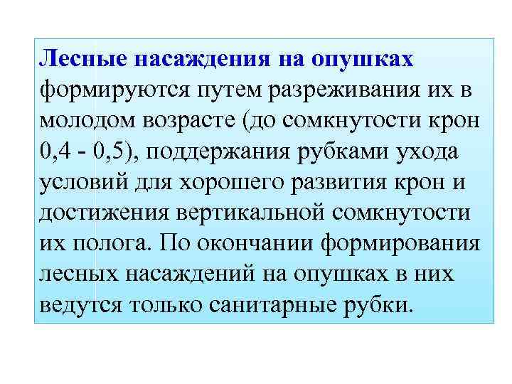 Лесные насаждения на опушках формируются путем разреживания их в молодом возрасте (до сомкнутости крон