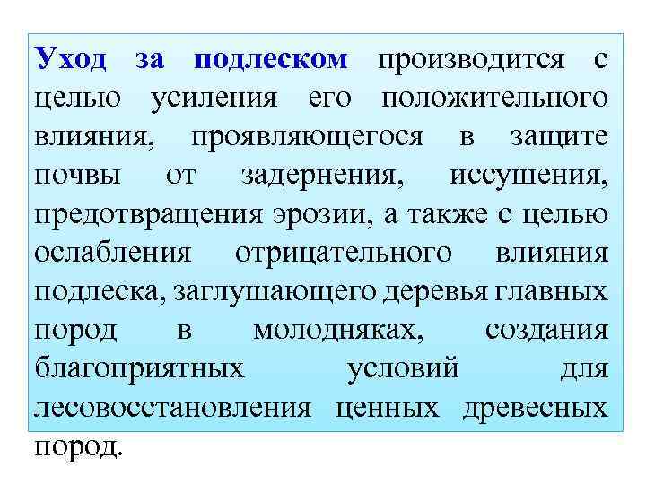 Уход за подлеском производится с целью усиления его положительного влияния, проявляющегося в защите почвы