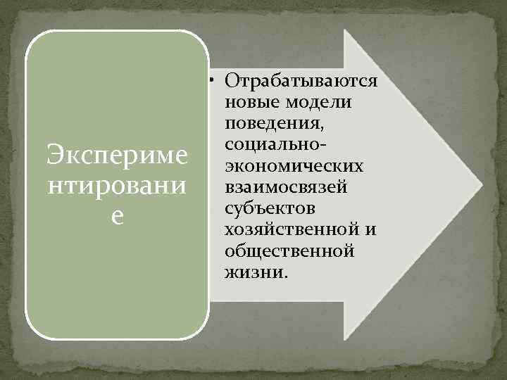 Экспериме нтировани е • Отрабатываются новые модели поведения, социальноэкономических взаимосвязей субъектов хозяйственной и общественной