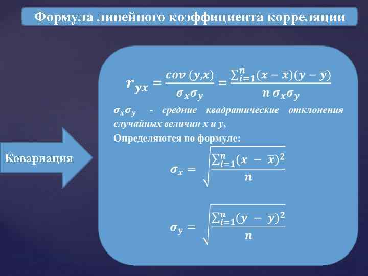 Формула линейного коэффициента корреляции Ковариация 