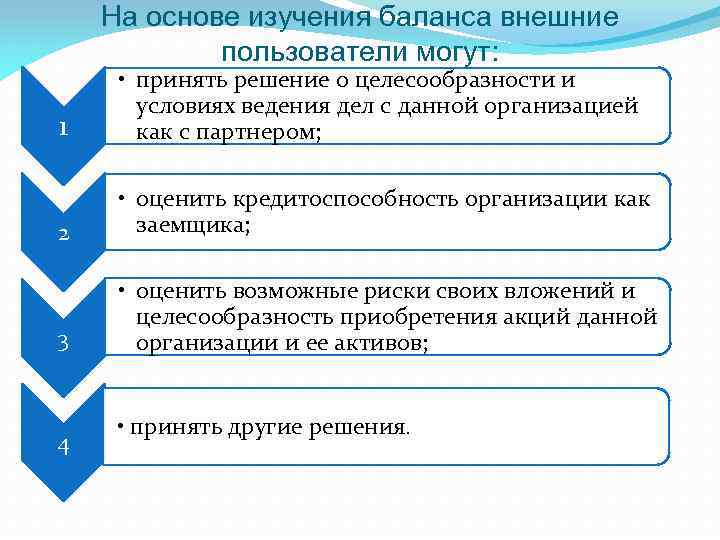 На основе изучения баланса внешние пользователи могут: 1 • принять решение о целесообразности и