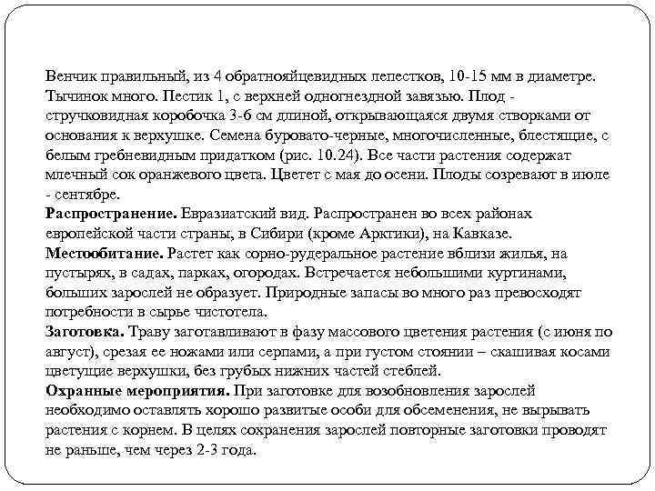 Венчик правильный, из 4 обратнояйцевидных лепестков, 10 -15 мм в диаметре. Тычинок много. Пестик