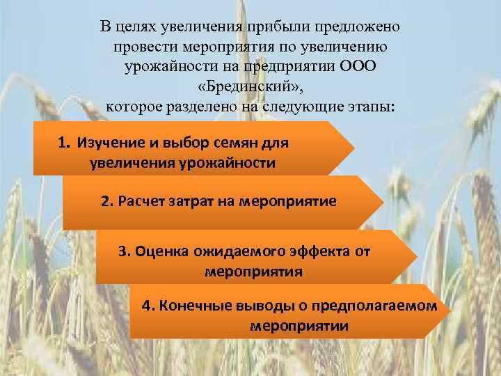В целях увеличения прибыли предложено провести мероприятия по увеличению урожайности на предприятии ООО «Брединский»