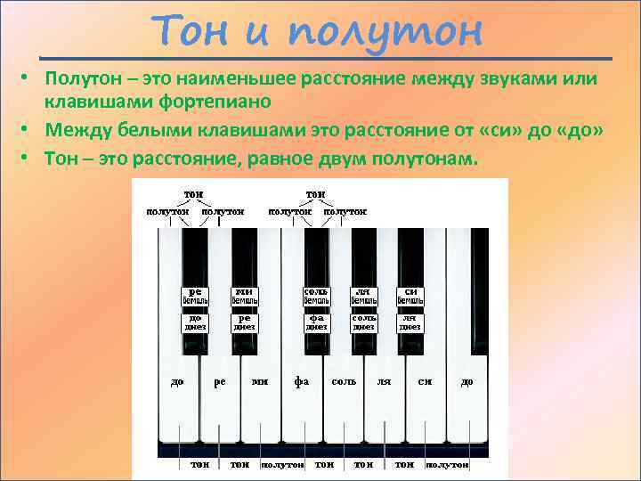 Тон и полутон • Полутон – это наименьшее раcстояние между звуками или клавишами фортепиано