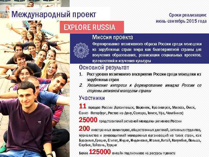 Международный проект EXPLORE RUSSIA Сроки реализации: июль-сентябрь 2015 года Миссия проекта Формирование позитивного образа