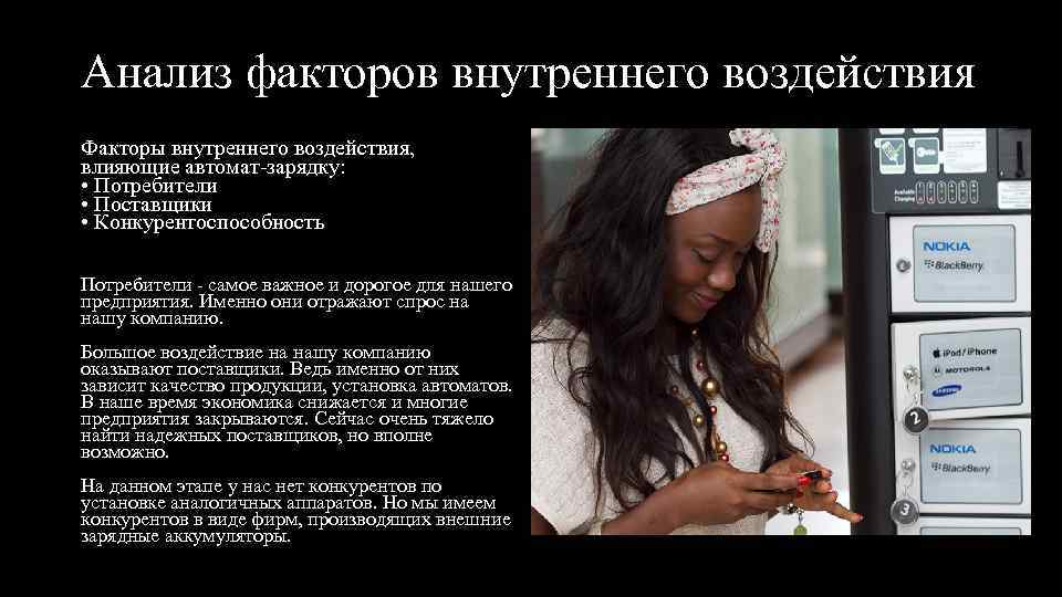 Анализ факторов внутреннего воздействия Факторы внутреннего воздействия, влияющие автомат-зарядку: • Потребители • Поставщики •