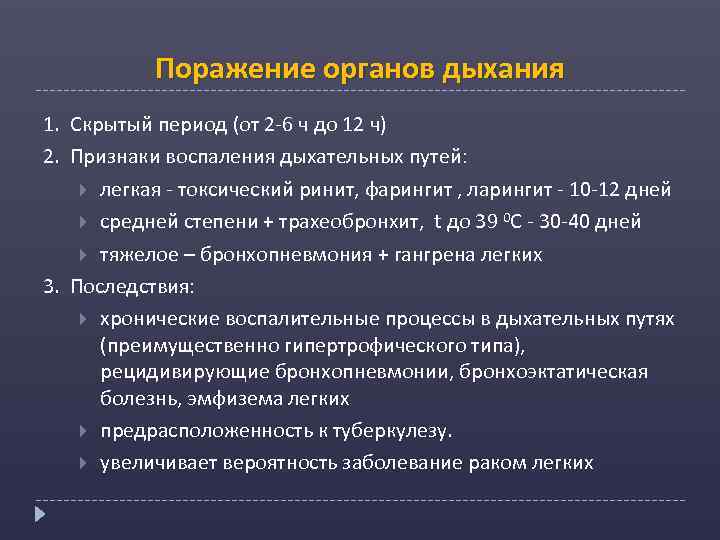 Поражение органов дыхания 1. Скрытый период (от 2 -6 ч до 12 ч) 2.