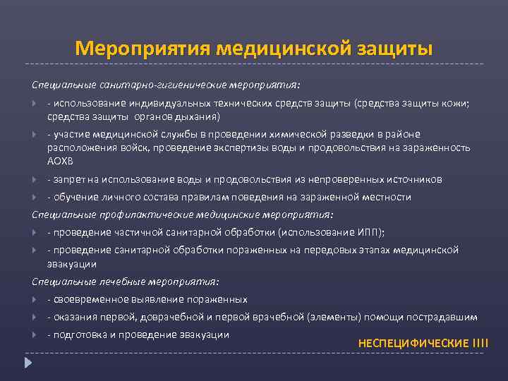 Мероприятия медицинской защиты Специальные санитарно-гигиенические мероприятия: - использование индивидуальных технических средств защиты (средства защиты