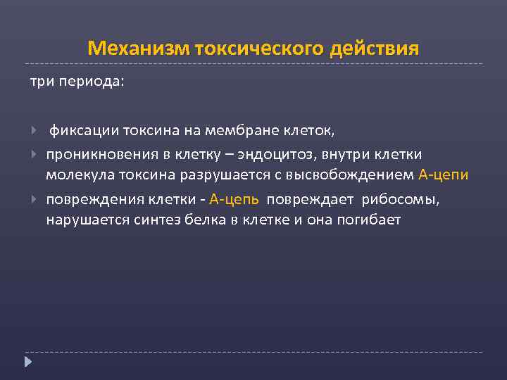 Механизм токсического действия три периода: фиксации токсина на мембране клеток, проникновения в клетку –