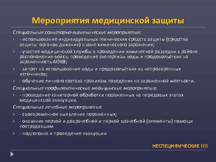 Мероприятия медицинской защиты Специальные санитарно-гигиенические мероприятия: - использование индивидуальных технических средств защиты (средства защиты