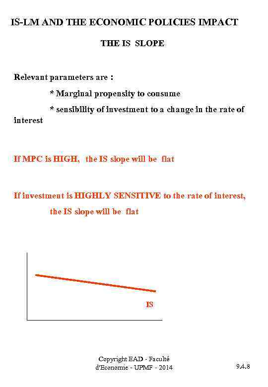 IS-LM AND THE ECONOMIC POLICIES IMPACT THE IS SLOPE Relevant parameters are : *