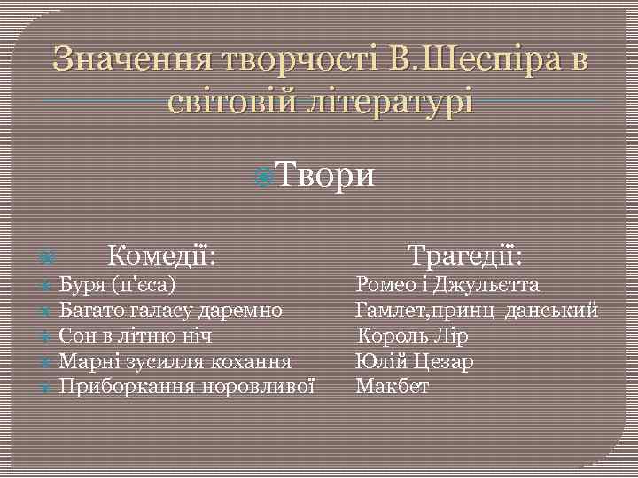 Значення творчості В. Шеспіра в світовій літературі Твори Комедії: Буря (п'єса) Багато галасу даремно