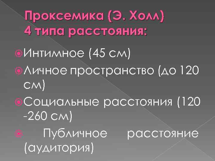 Проксемика (Э. Холл) 4 типа расстояния: Интимное (45 см) Личное пространство (до 120 см)