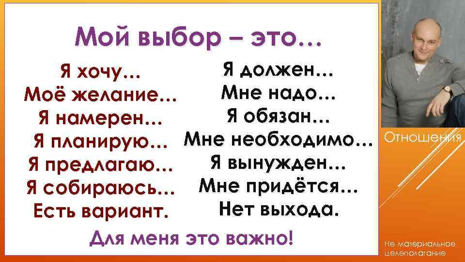 Мой выбор – это… Я должен… Я хочу… Мне надо… Моё желание… Я обязан…