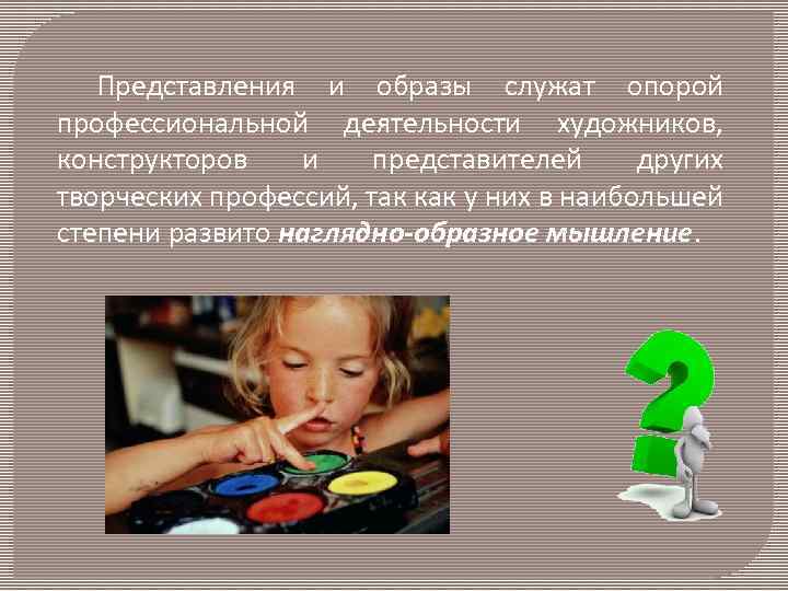 Представления и образы служат опорой профессиональной деятельности художников, конструкторов и представителей других творческих профессий,