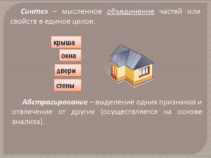 Синтез – мысленное объединение частей или свойств в единое целое. крыша окна двери стены
